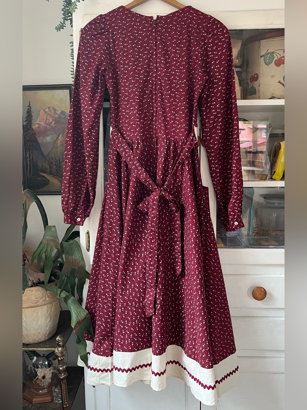 Vintage 70s Gunne Sax Cottagecore Burgundy Red Floral Corset Midi Dress XS - Picture 11 of 16